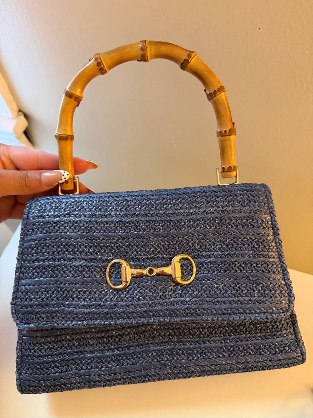 Blue Woven Satchel with Bamboo Top Handle and Gold-Tone Hardware